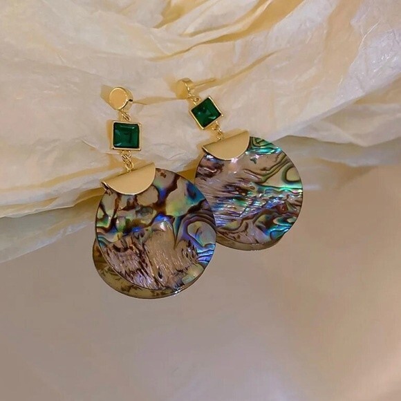 Simulated Emerald & Abalone Dangle Earrings NWT - Picture 2 of 3
